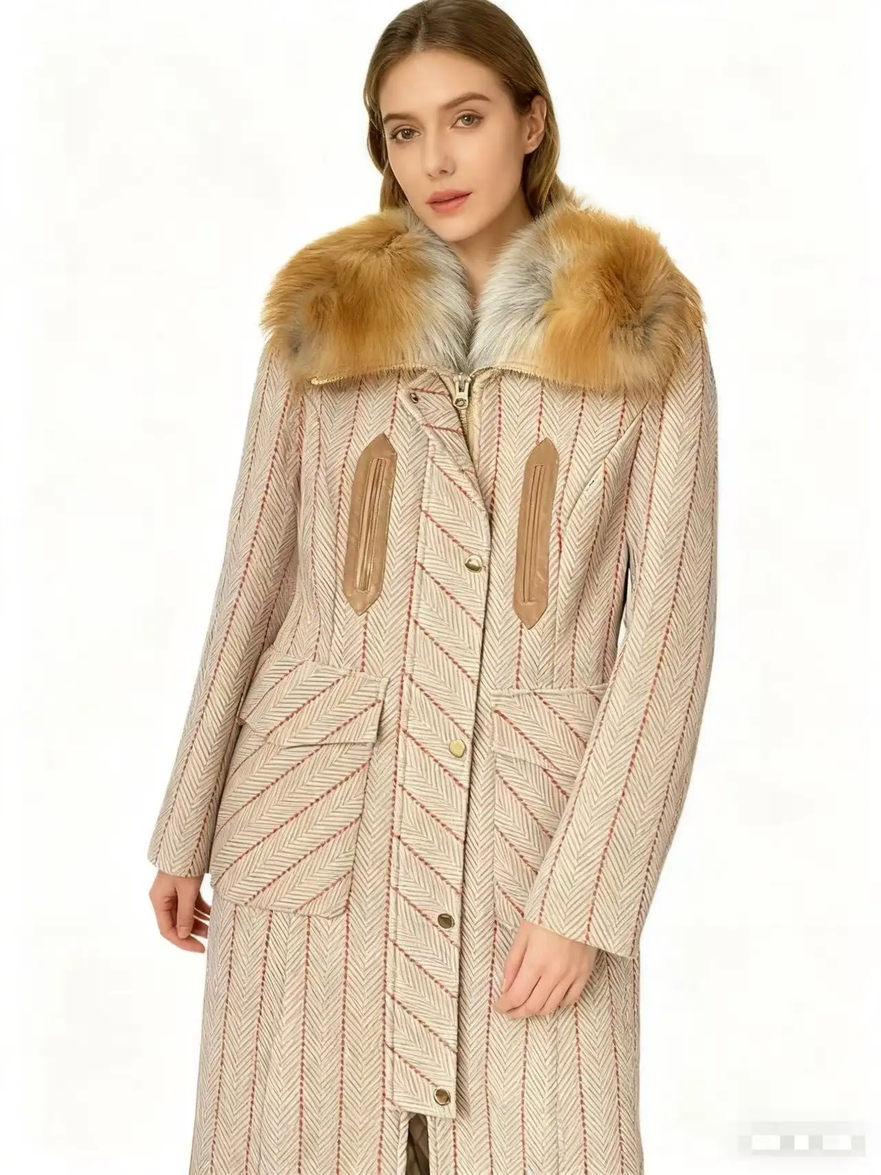 탈부착 가능한 진짜 여우털 칼라가 있는 새로운 스타일의 코트 헤링본 패턴&면-울 혼방