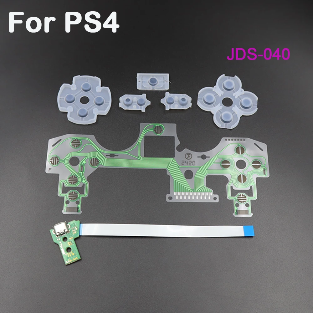 1 Juego de almohadillas de botón de goma de silicona de película conductora y placa de puerto de carga Micro USB para controlador PS4 JDS-001 011 030 040 050 055