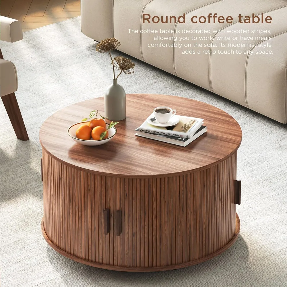 Runder Couchtisch mit Stauraum, 31,5 Trommel-Couchtisch mit Schiebetür, moderner Couchtisch aus der Mitte des Jahrhunderts mit Sl