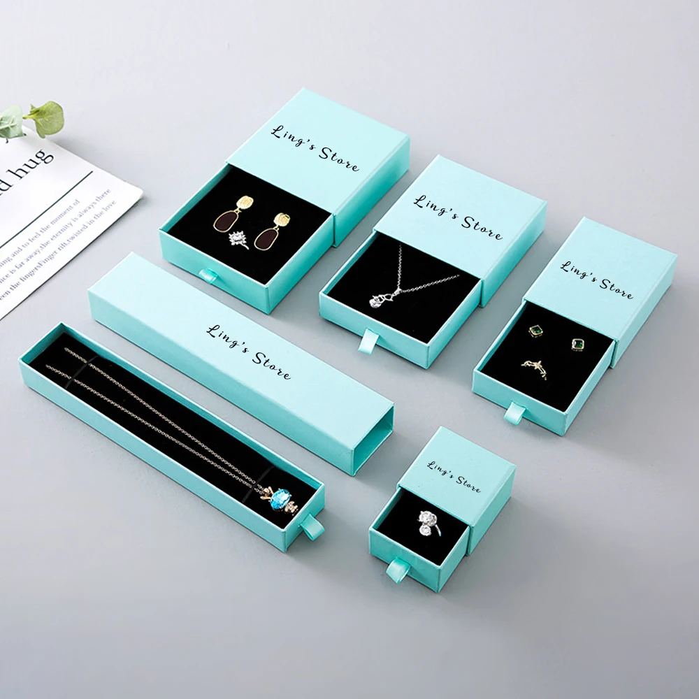

50Pcs Personalized Logo Jewlery Paper Drawer Box Ring Earrings Bracelet Pendant Necklace Packaging Travel Gift Display Organizer