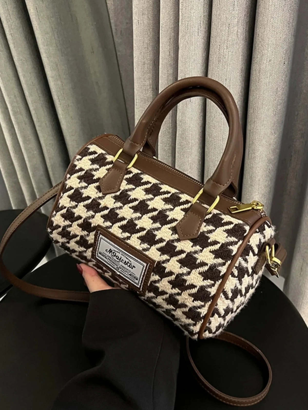 Woolen Houndstooth Crossbody Bag For Women Autumn Winter New Luxury Designer Black Female Handbag Boston Shoulder Bag