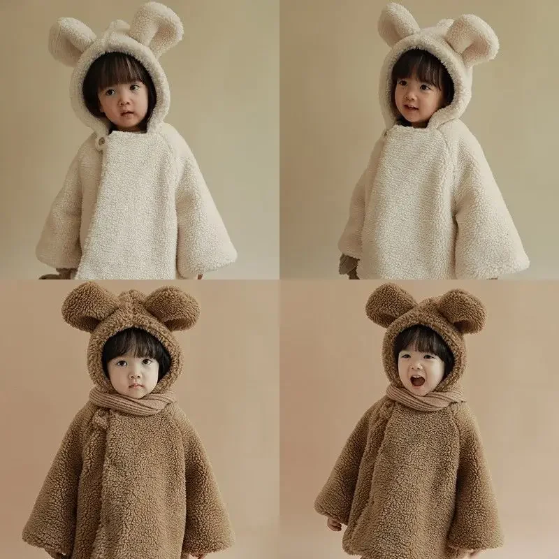 

Winter Childent Loose Cute Bear Solid color Coat Thicken Keep Warm Hooded Jacket Cotton Boys Girls Jacket Casual Outwear Cloak