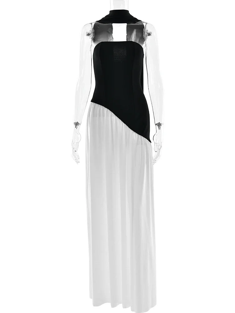 CPSYMYM – robe Patchwork dos nu pour femmes, drapée, fente latérale, ruban, sans bretelles, sans manches, élégante, pour fête d'anniversaire, été