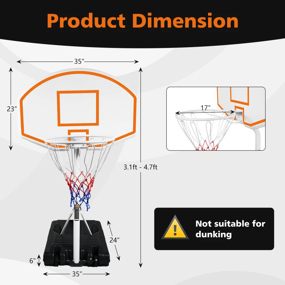 Poolside Basketball Hoop Portable Swimming Pool Basketball System Height Adjustable 3.1ft-4.7ft with 36" Backboard for Indoor