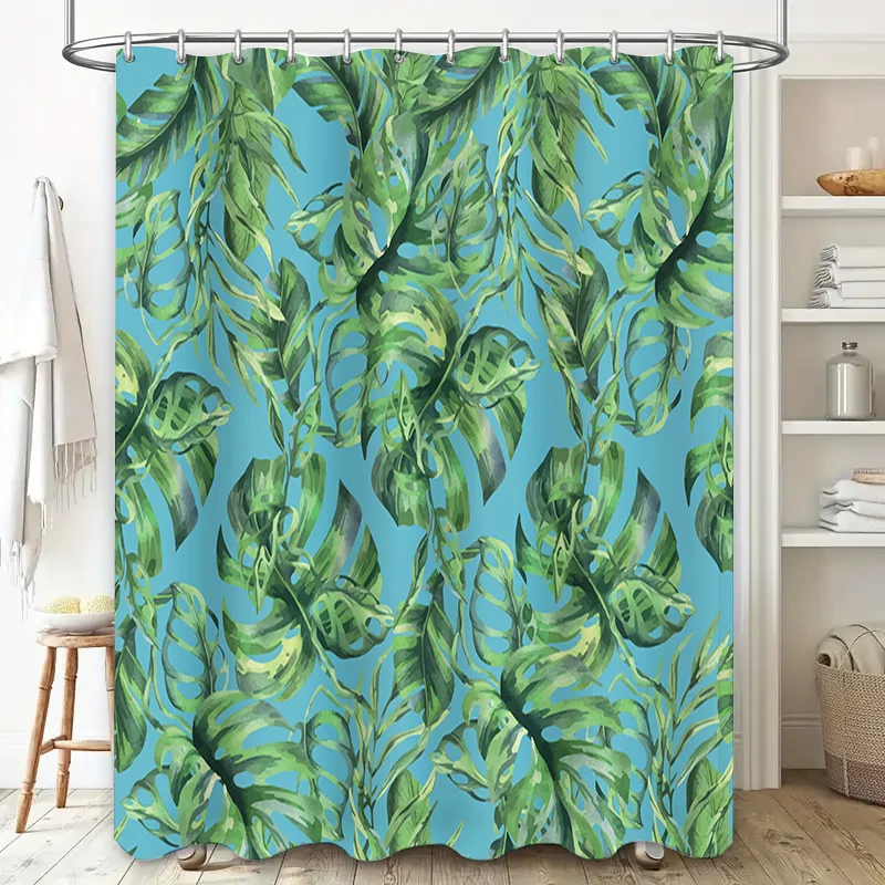 Green Leaves Shower Curtain Waterproof Home Decor Bathroom Decoration Blue Leaf Print Shower Panels Bath Tapes Water Repellent F