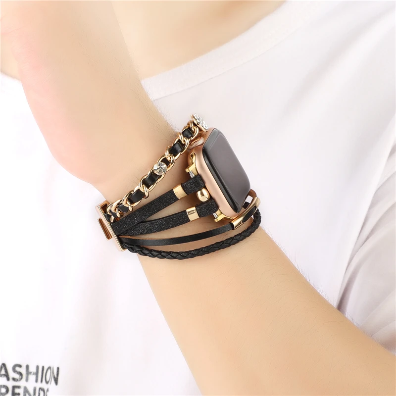 Correa de joyería para Apple Watch Band 44mm 40 45 41 46 42 49 38mm pulsera de cuero para mujer iWatch Series Ultra 10 9 8 7 6 5 4 SE cinturón