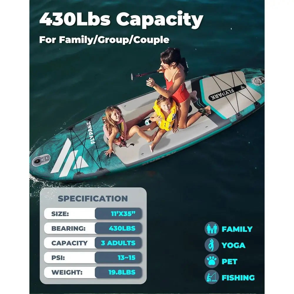 Family-Friendly 35 Wide Stable SUP Paddleboard, Supports 430lbs, for 3 People, with Camera Mount & Shoulder Strap