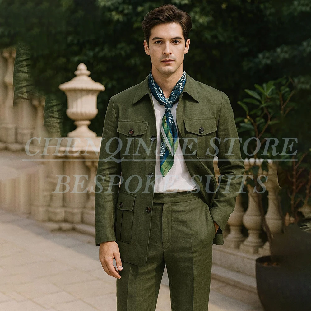 

Оливково-зеленые мужские костюмы, модные свадебные костюмы для жениха, комплект из 2 предметов, куртка и брюки, однобортная одежда на заказ с лацканами-стойкой, 2026