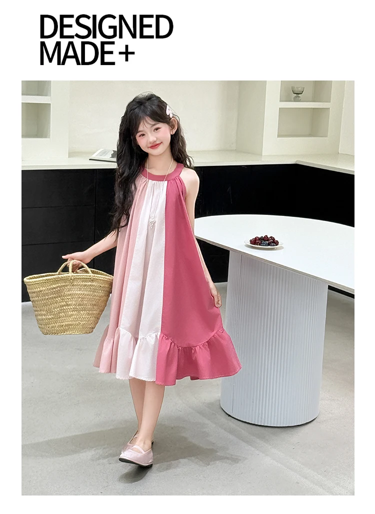 Mädchenkleid mit süßem Farbblock-Design für Sommerkostüme, Baumwolle, hohe Qualität, Kinderkleidung für Alter 7 8 9 10 12 14 Jahre – Detail 16