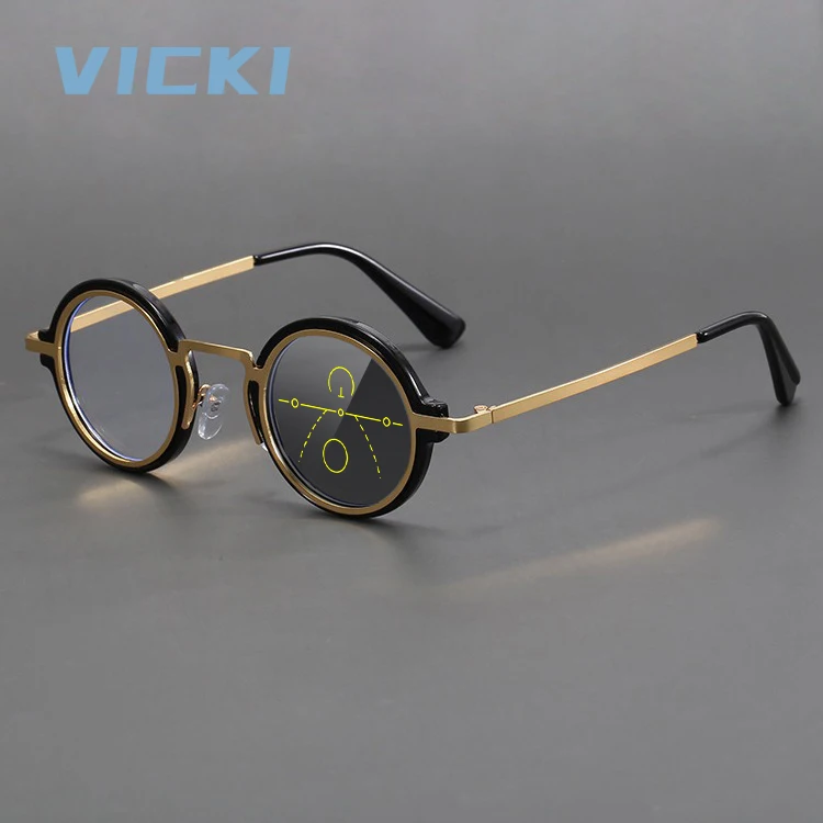 VICKI Gafas redondas de montura pequeña para hombre y mujer, fotocromáticas, antiluz azul, prescripción personalizable multifocal 1012