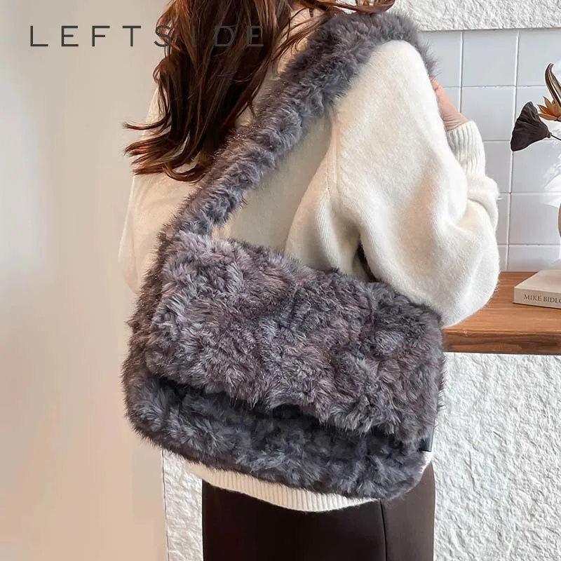 

LEFTSIDE Cozy Grey Faux Fur Shoulder Bag for Women Soft Plush Crossbody Bag Winter Fashion Casual Purse Warm Luxury Handbag