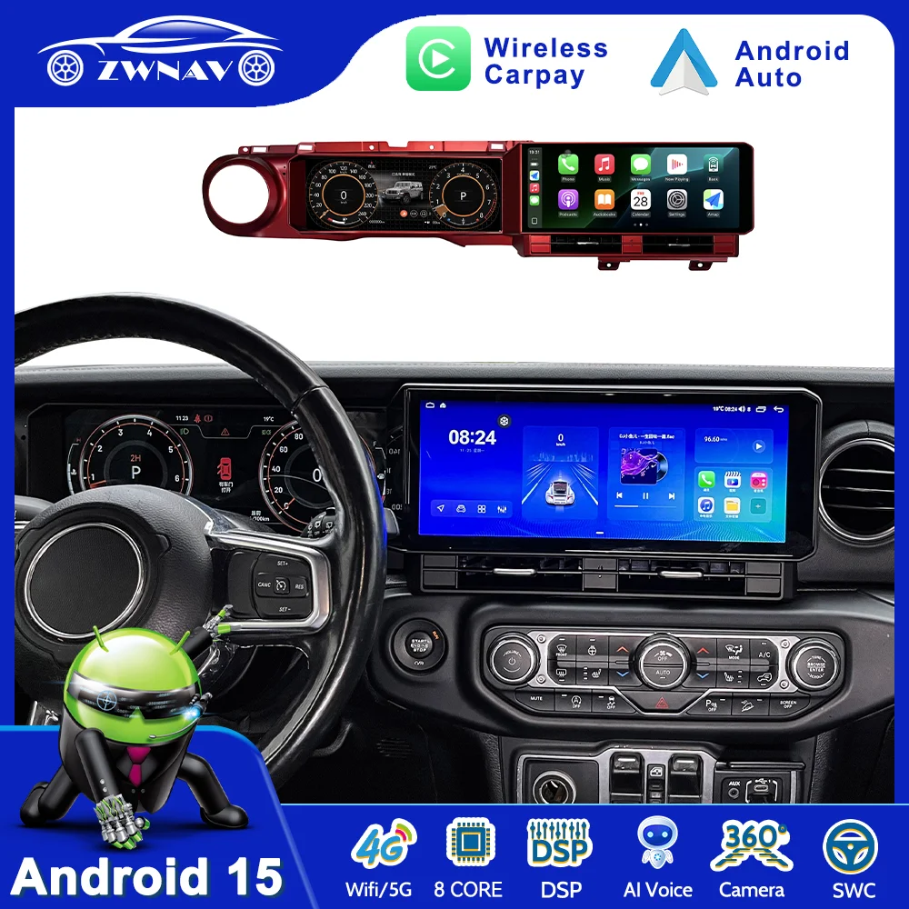 24,6 Zoll Autoradio für Jeep Wrangler 2018-2022 Android 15 Auto Multimedia Stereo Player GPS Navigation DSP Carplay Touchscreen