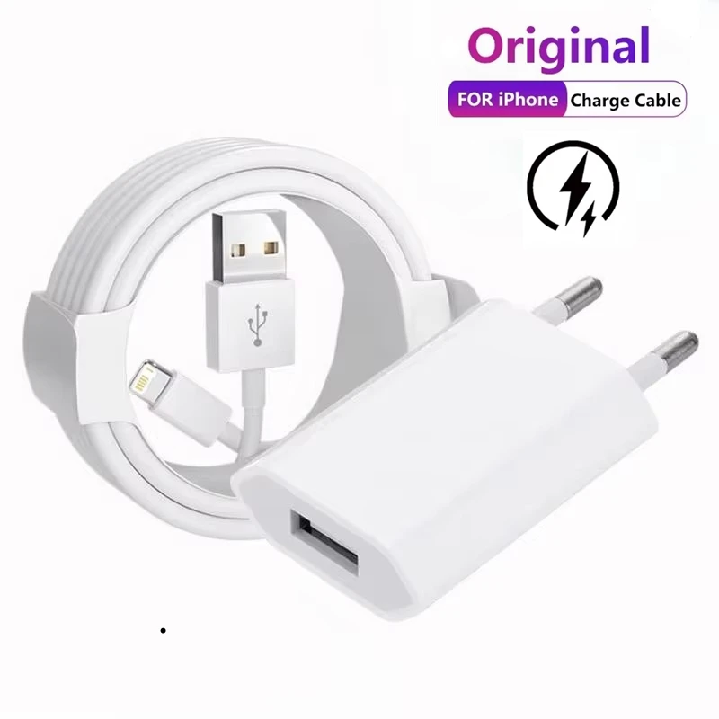 Original EU USB Wall Charger USB Data For iPhone 14 13 12 11 Pro Mini 8 Plus XR X XS SE Charging Data Cable