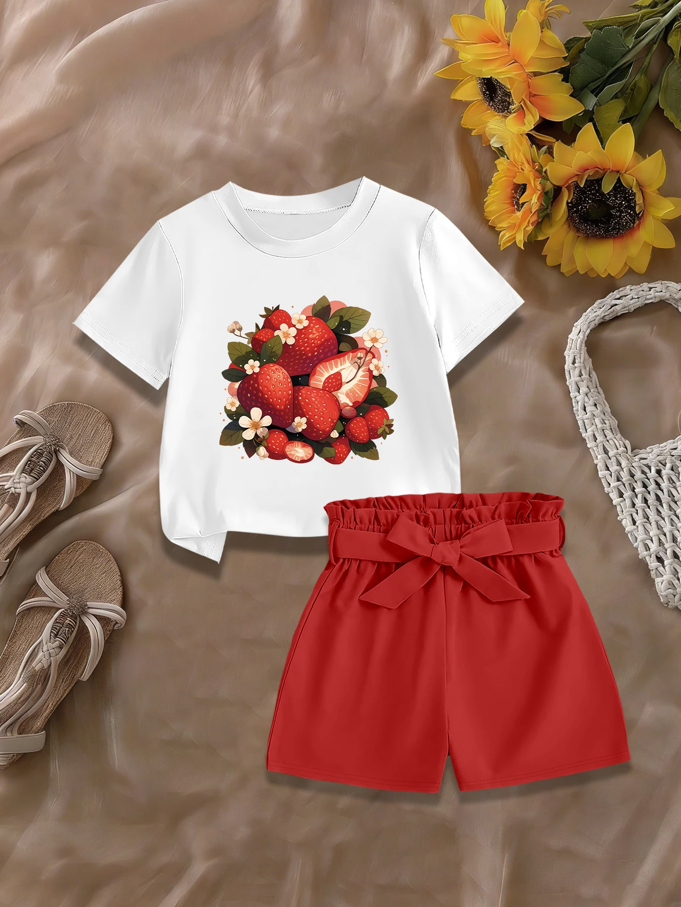2 pieces: Girls Summer Cute T-shirt Shorts Set Cartoon Strawberry Bow Woven