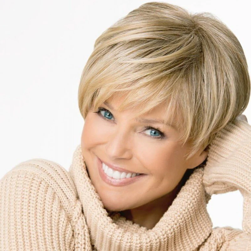 Short Straight Omber Brown Synthetic Wigs Layered Cut Hair Wig for Women Blonde Pixie Cut Layered Wig With Bangs For Daily Use