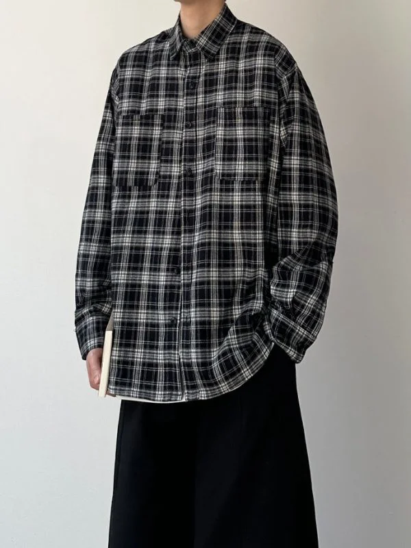 

Retro Plaid Loose Fit Long Sve Collared irt Brued Cotton Casual Wear ex Spring Autumn Trendy Outerwear Coat