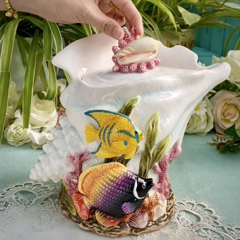 Ceramic Tropical Fish Candy Storage Jar, Home Decor, Living Room Conch Vase, Dried Fruit Jar, Kitchen Food Contain