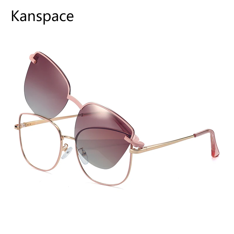 Kanspace 2 In 1 Magnetic Clip on Polarized Sunglasses Women Myopia Optical Cat Eye Vintage Glasses Metal Fashion Eyewear 95816