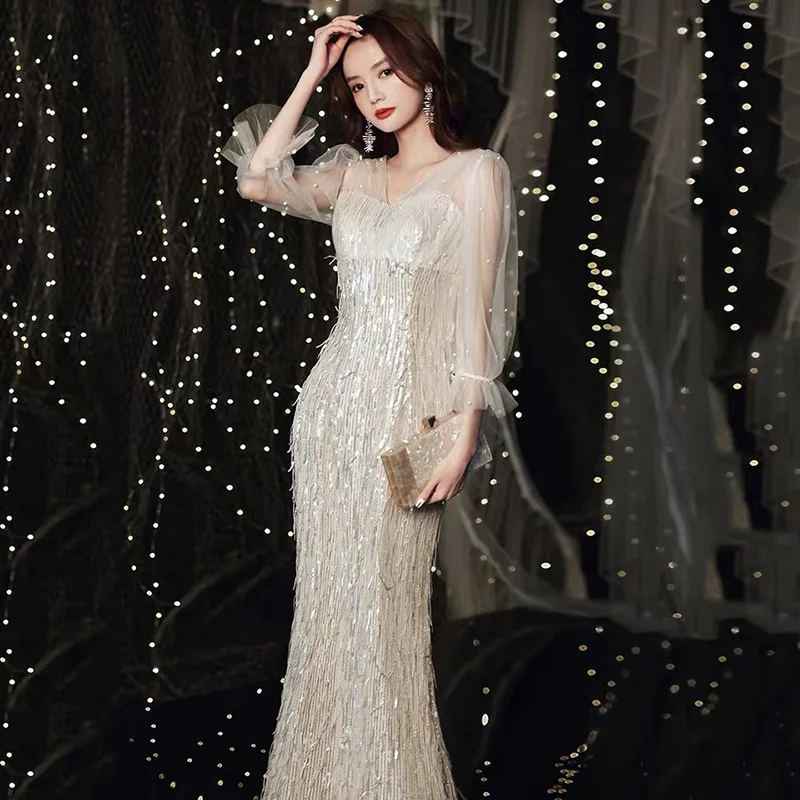 Ele Sexy Sequin 2024 New Long Evening Gown Golden Color Women's High-End Aosphere  Lady Year Conference Par Dr