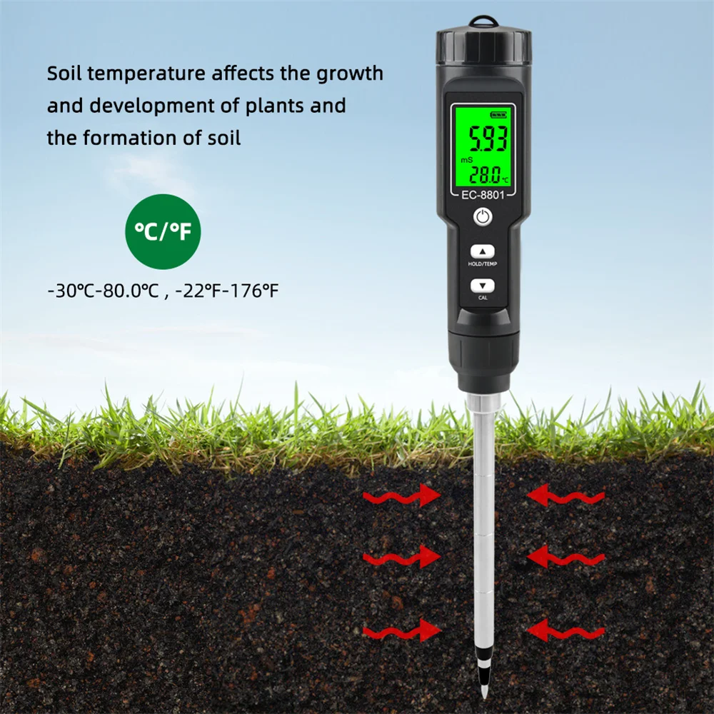 EC-8801 Digital Soil PH Meter Moisture Monitor Temperature Sunlight Probe Soil Detector for Gardening Plants Farming -30℃-80℃