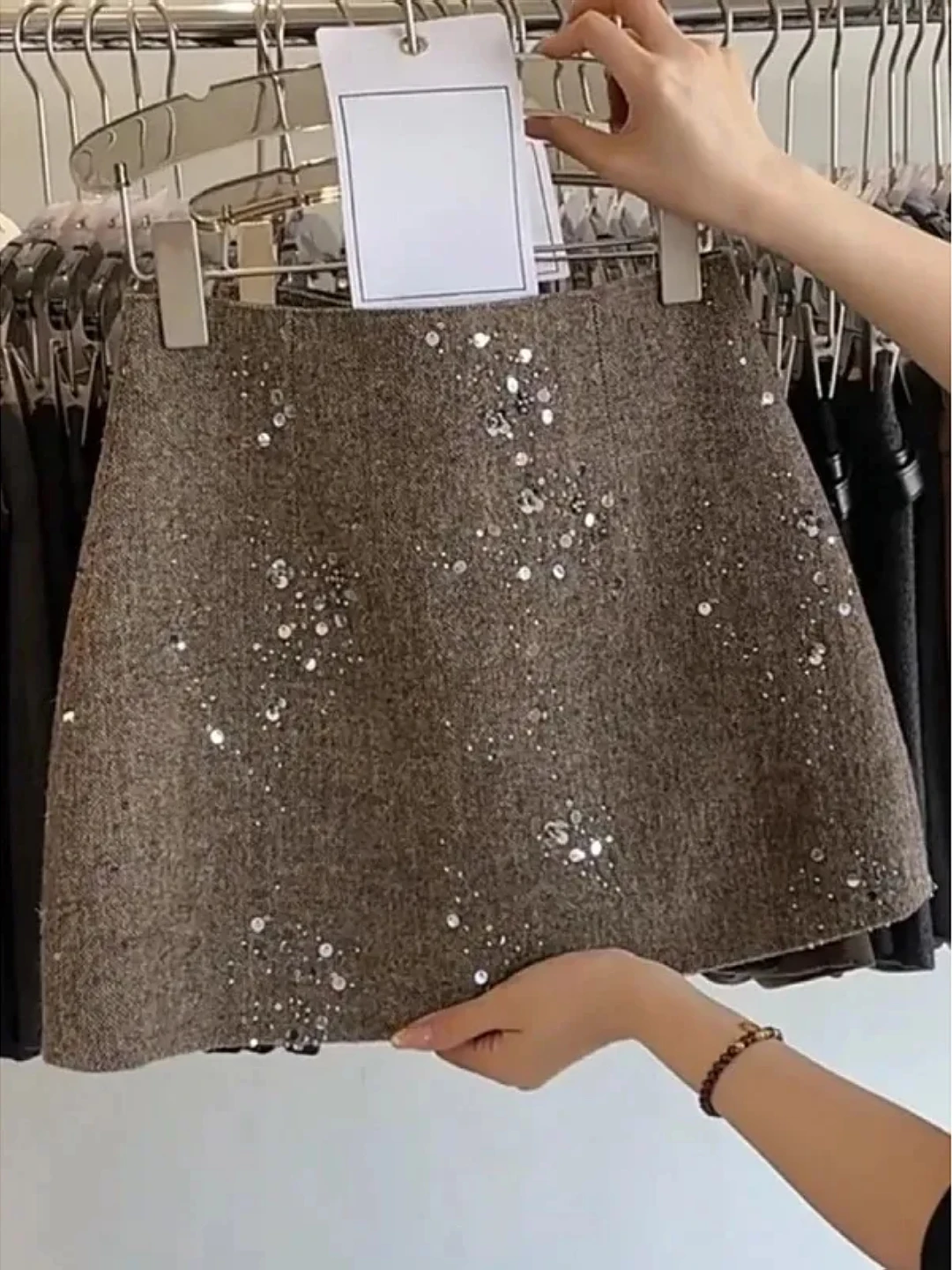 

Корейская шерстяная юбка с высокой талией и пайетками, женская зимняя модная юбка А-силуэта для повседневной носки, стройнящая фигуру