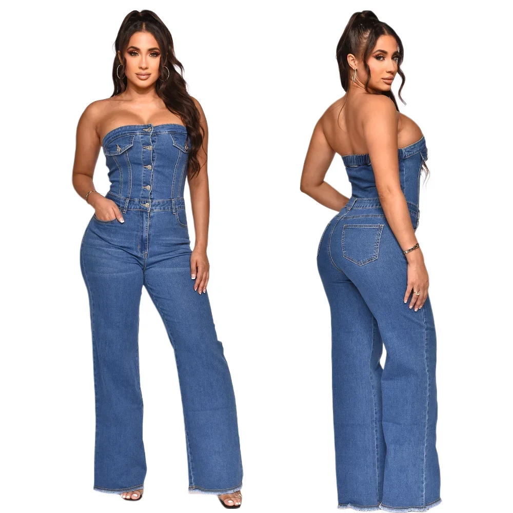 

Wide Leg Denim Overalls for Women - Sexy Strapless Elegant Blue Jeans, Straight Jumpsuit Romper