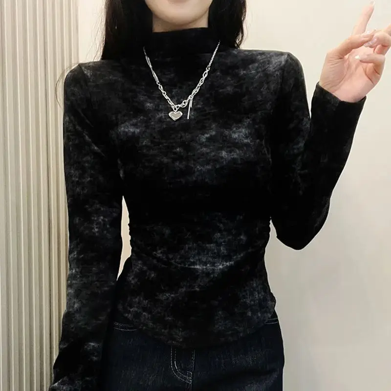 Plus-size Women's Autumn And Winter New Arrival Casual Fitted Double-faced Velvet Tie-dye Half-high Collar Long-sleeve Top