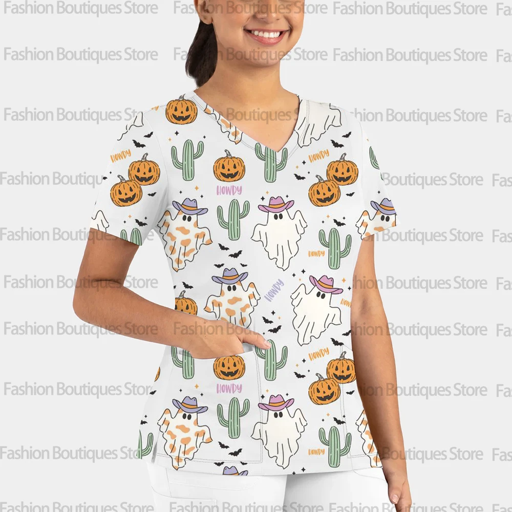 

Женская ветеринарная рабочая форма с головой тыквы на Хэллоуин, рубашка унисекс с короткими рукавами и v-образным вырезом, униформа с принтом, одежда, аксессуары для медсестры