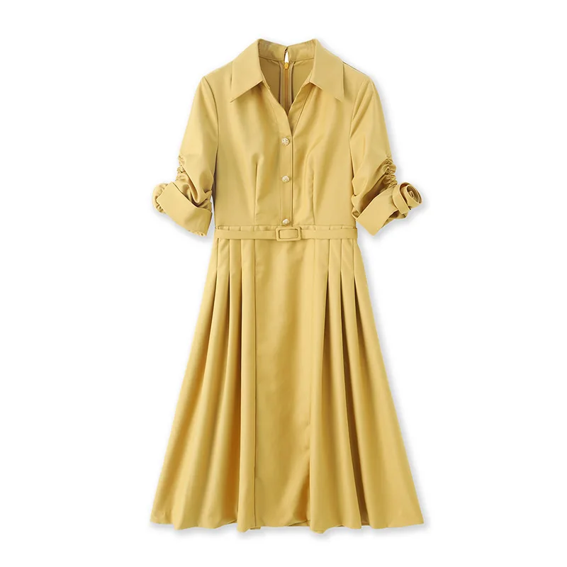 

New women solid dress fashion Turn-down Collar short sleeve A-Line dresses