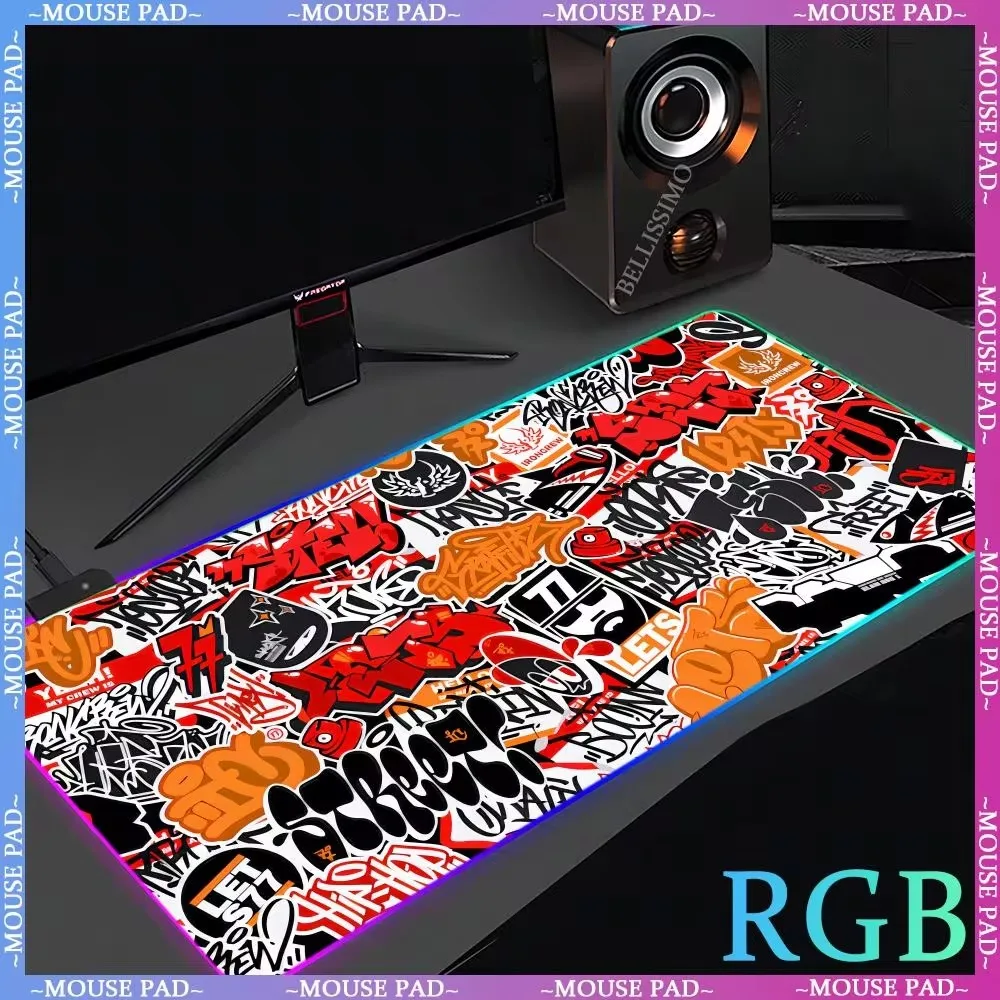 Tappetini per Mouse RGB Retro Graffiti Pad accessori per Computer Pad da scrivania gioco Pad per tastiera oversize Xxl tappetini da scrivania con bordo di blocco per Gamer da ufficio