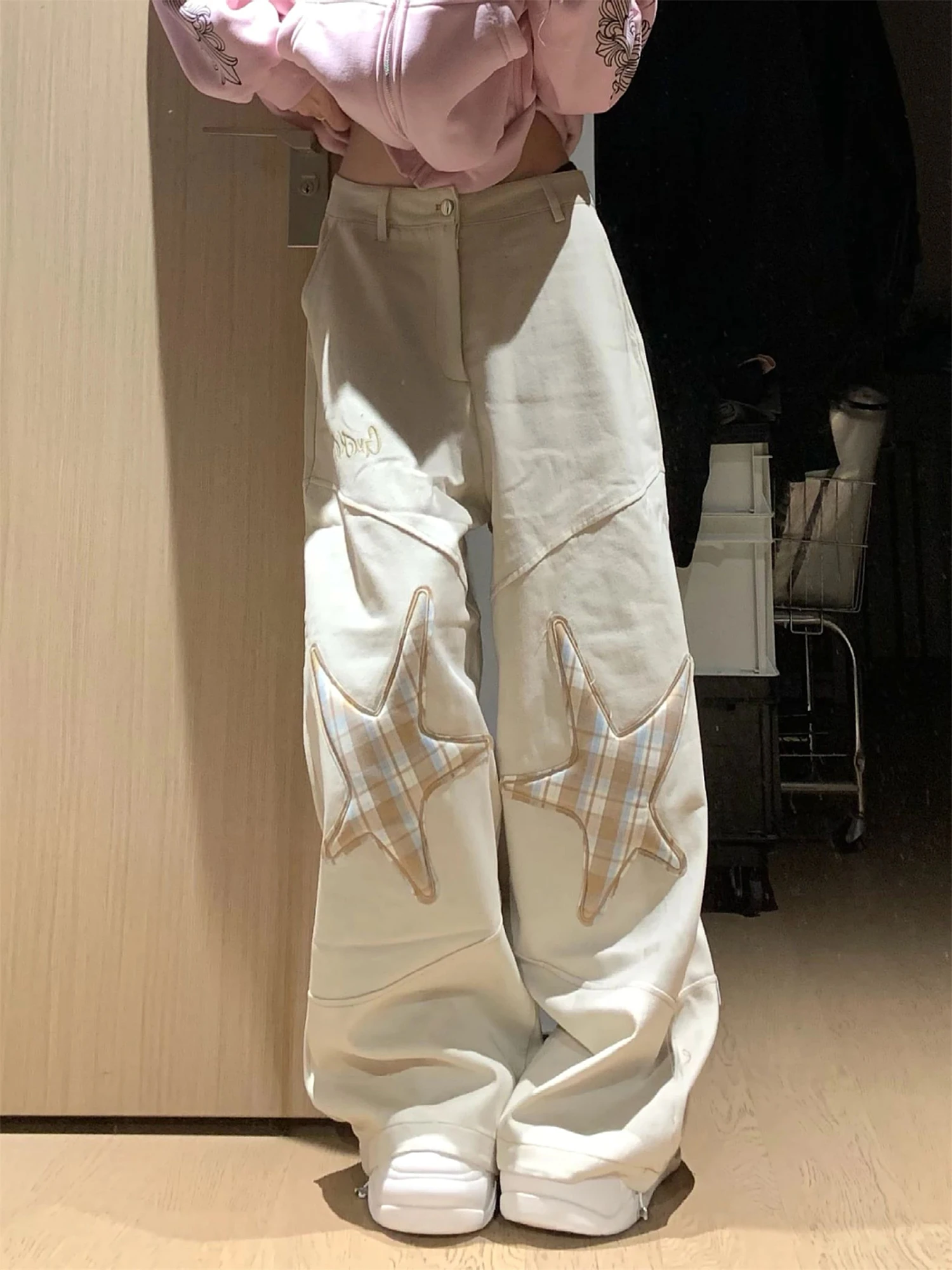 Women's High Waisted Baggy Wide Leg Jeans Cream Plaid Star Patch Embroidered Lettering Ankle Drawstring Y2K Casual Denim Pants