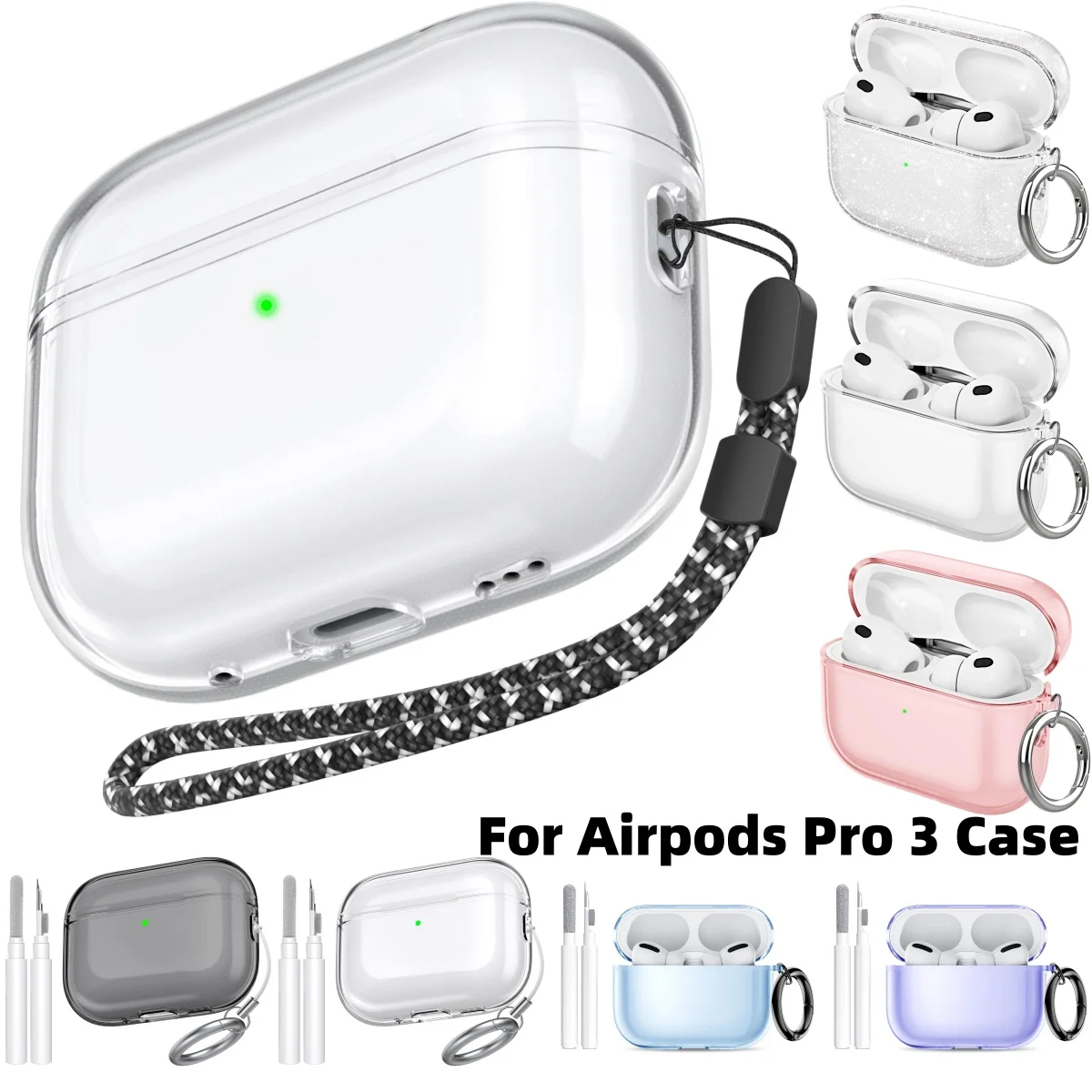 2025 für Airpods Pro 3 Hülle Clear Glitter Sparkle Bling Hülle für Airpods Pro 3 Hülle mit Reinigungsset für Airpods Pro 3
