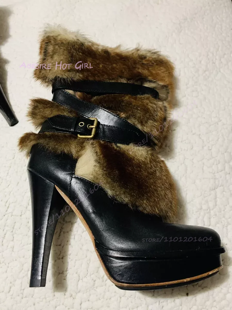 Gray Brown Feather Plush Low Heel Platform Boots Fringe Women Round Toe Black Leather Belt Buckle Zipper Stiletto Shoes Casual