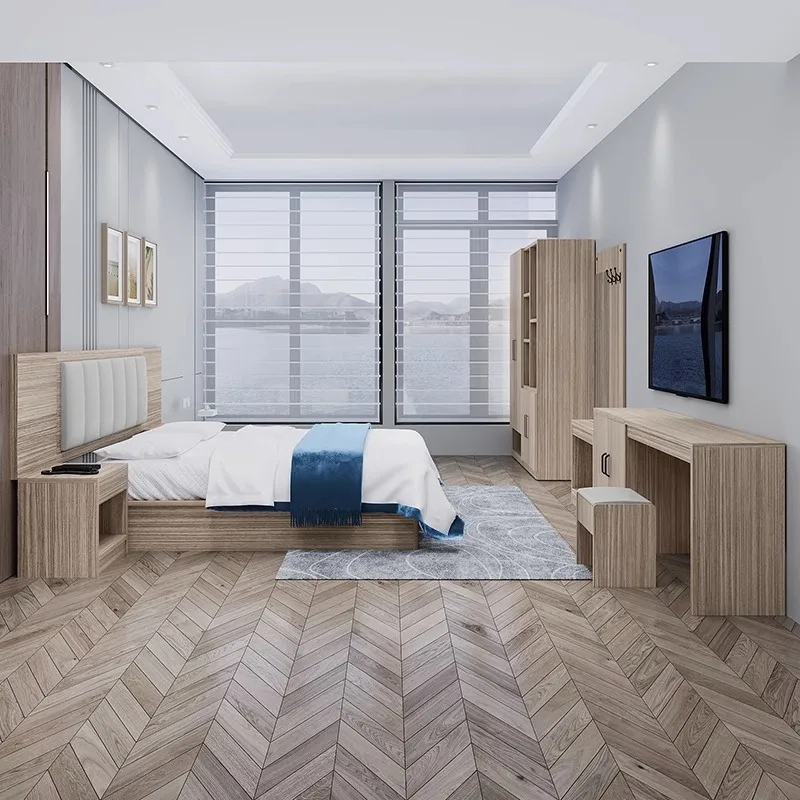 custom.Cheap Price Modern Hotel Bedroom Furniture Set Single Double Wood Bed Frame & Headboard with Wardrobe & Side Table Fu