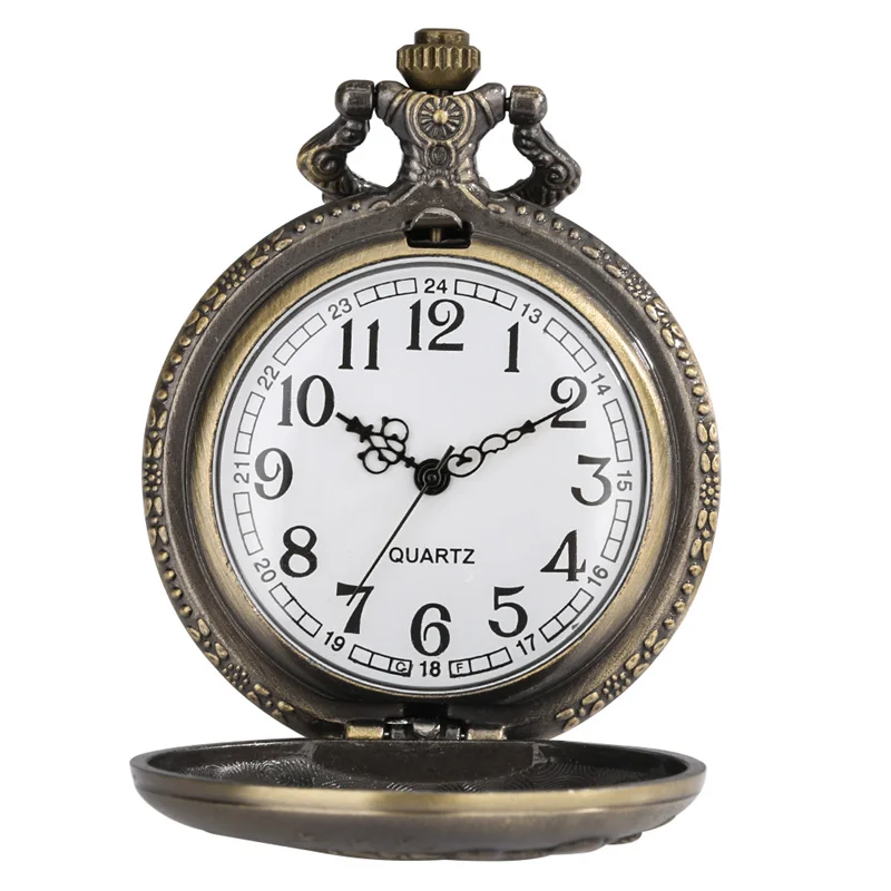 Vintage Bronze Soldier Battle Embossed Full Hunter Analog Quartz Pocket Watch with Pendant Airplane Charm Chain Gift for Men