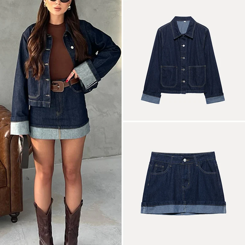 

Spring 2025 Women's Loose Casual Denim Jaet Skirt Set ket Decorated Faionable Polyester Fiber Ladies Suit