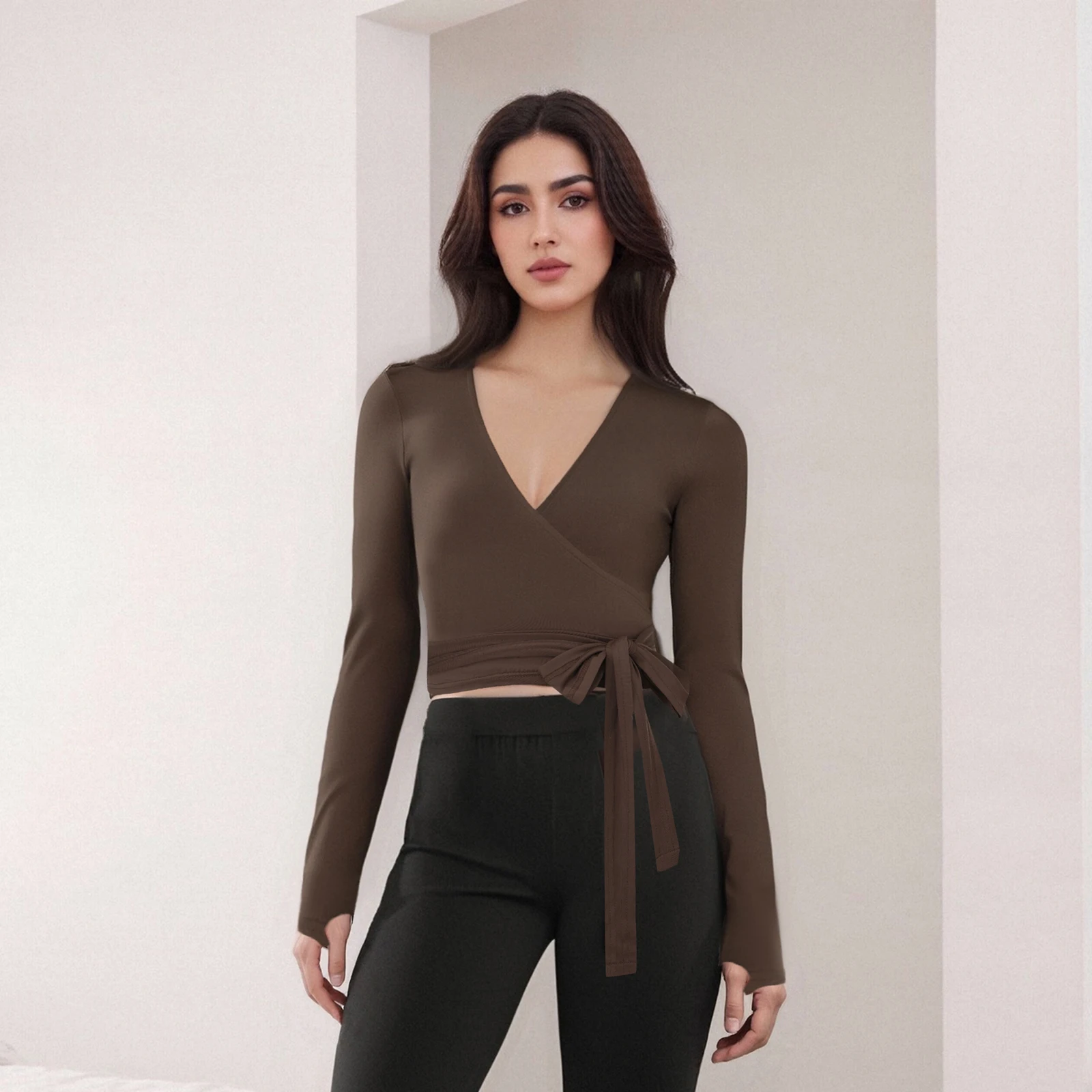 Solid Color Tie-Up Front V-Neck Long Sleeve Bottoming Shirt Women Fitness Yoga T-Shirts Seamless Workout Tops