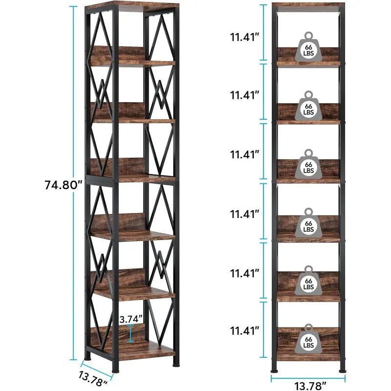 6-Tier Bookshelf Storage Shelves: 75 Inches Tall Narrow Bookcase Set of 2, Skinny Open Display Rack 2 PCS for Living Room,