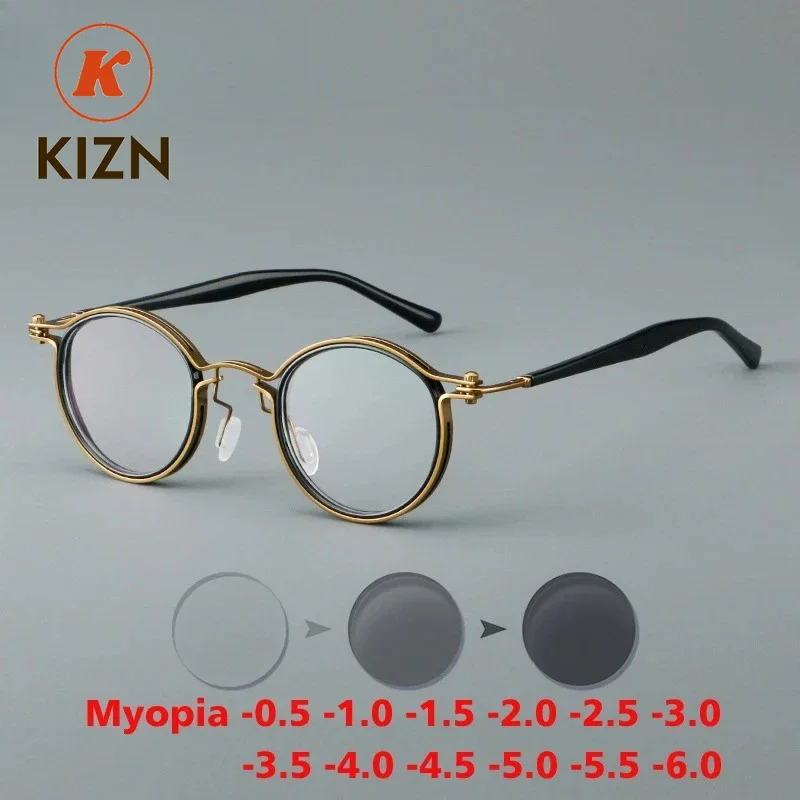 

KIZN Photochromic Acetate Myopia Adult Glasses Round Vintage TR Metal Frames Men Woman Prescription Custom Eyewear -0.5 T