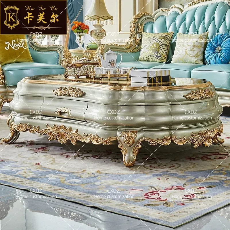 European full solid wood carving flower coffee table TV cabinet combination champagne gold American villa living room