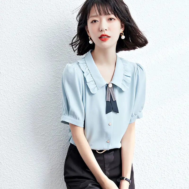 Women Summer Simplicity Bow Solid Color Peter Pan Collar Cardigan Short Sleeve Shirts Women Clothes Casual All-match Trend Tops