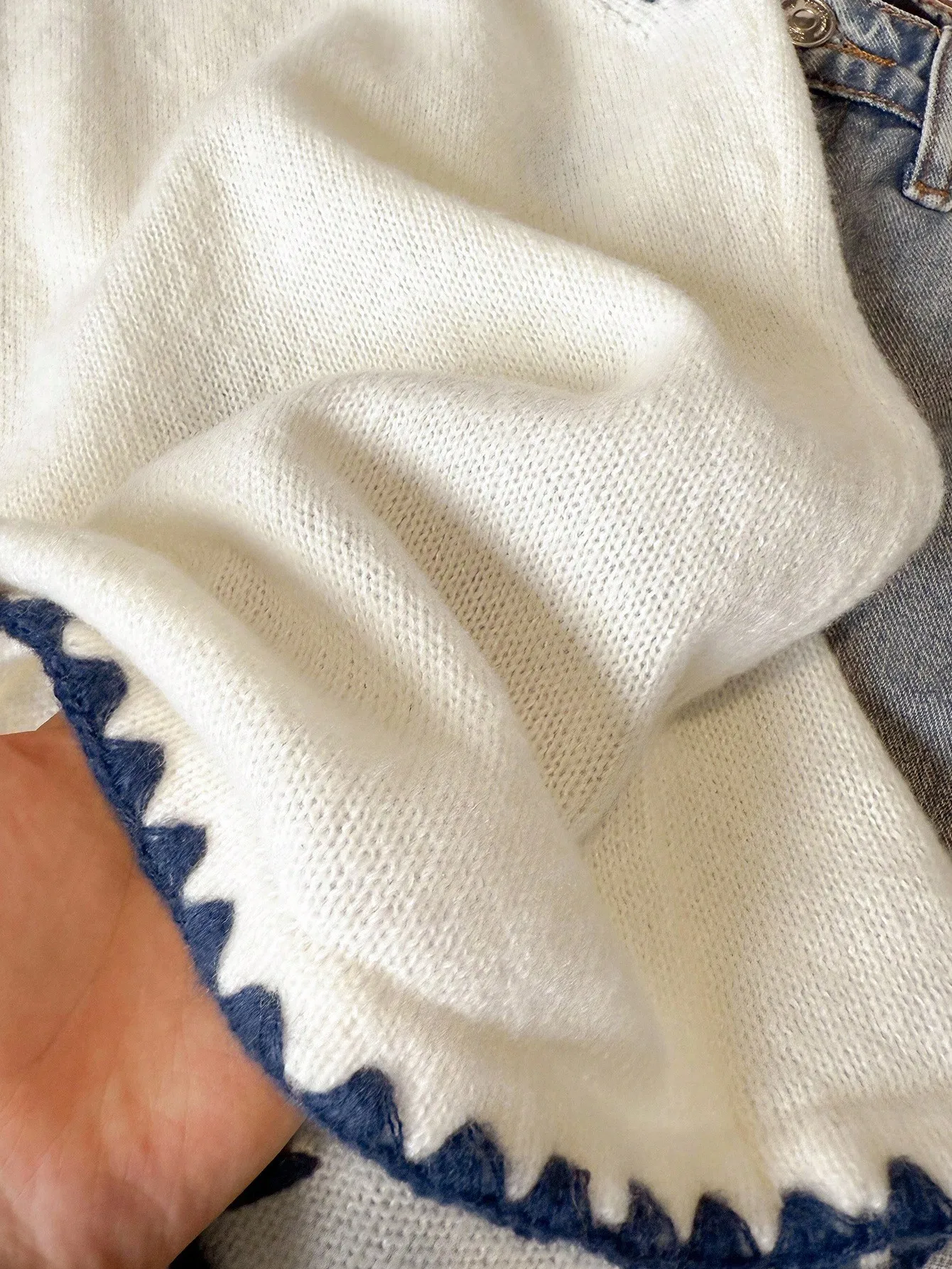 Cream Knit Sleeveless Top with Navy Floral Embroidery and Scallop Trim