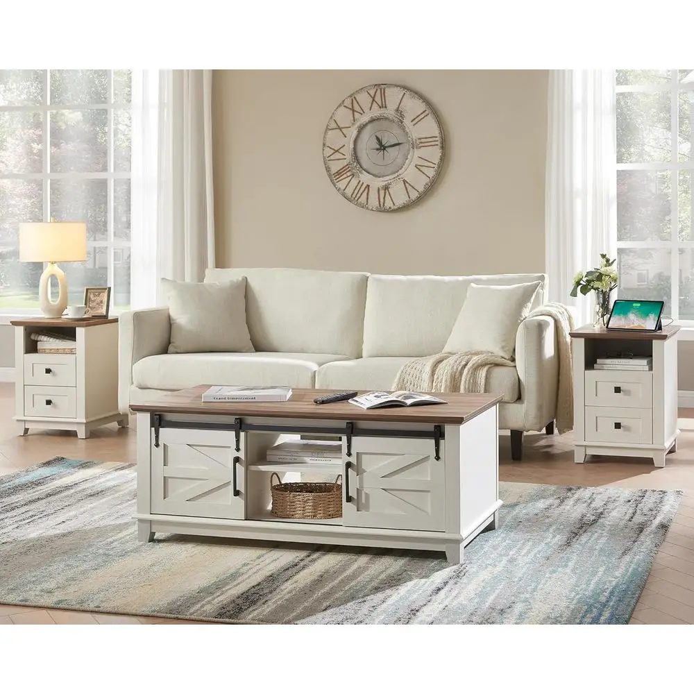 

Rustic White 3-Piece Farmhouse Table Set: Sliding Door Coffee Table & 2 End Tables with Charging & Storage