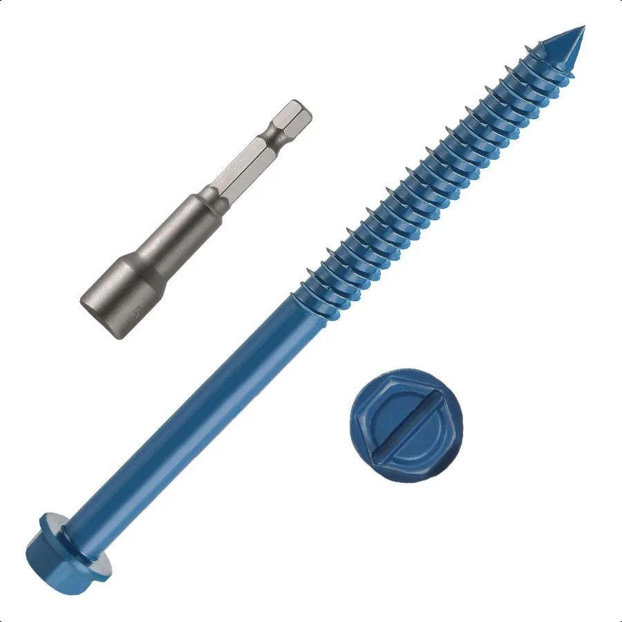 

1 4 x 6 Concrete Screws 50 PCS Blue Hex Washer Head Concrete Screws Anchor Kit with Hex Bit Socket for Masonry Cement Block Bri