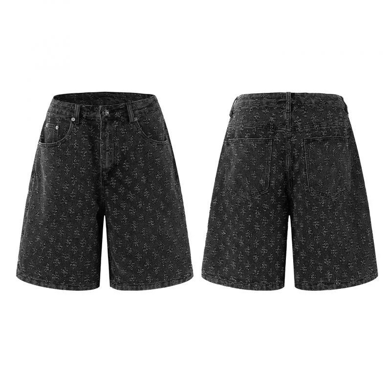 Men's Vintage Style Denim Shorts with Baroque Grape Leaf Pattern, Loose, Straight, Trendy, Casual for Daily Wear, 5 Inches Long