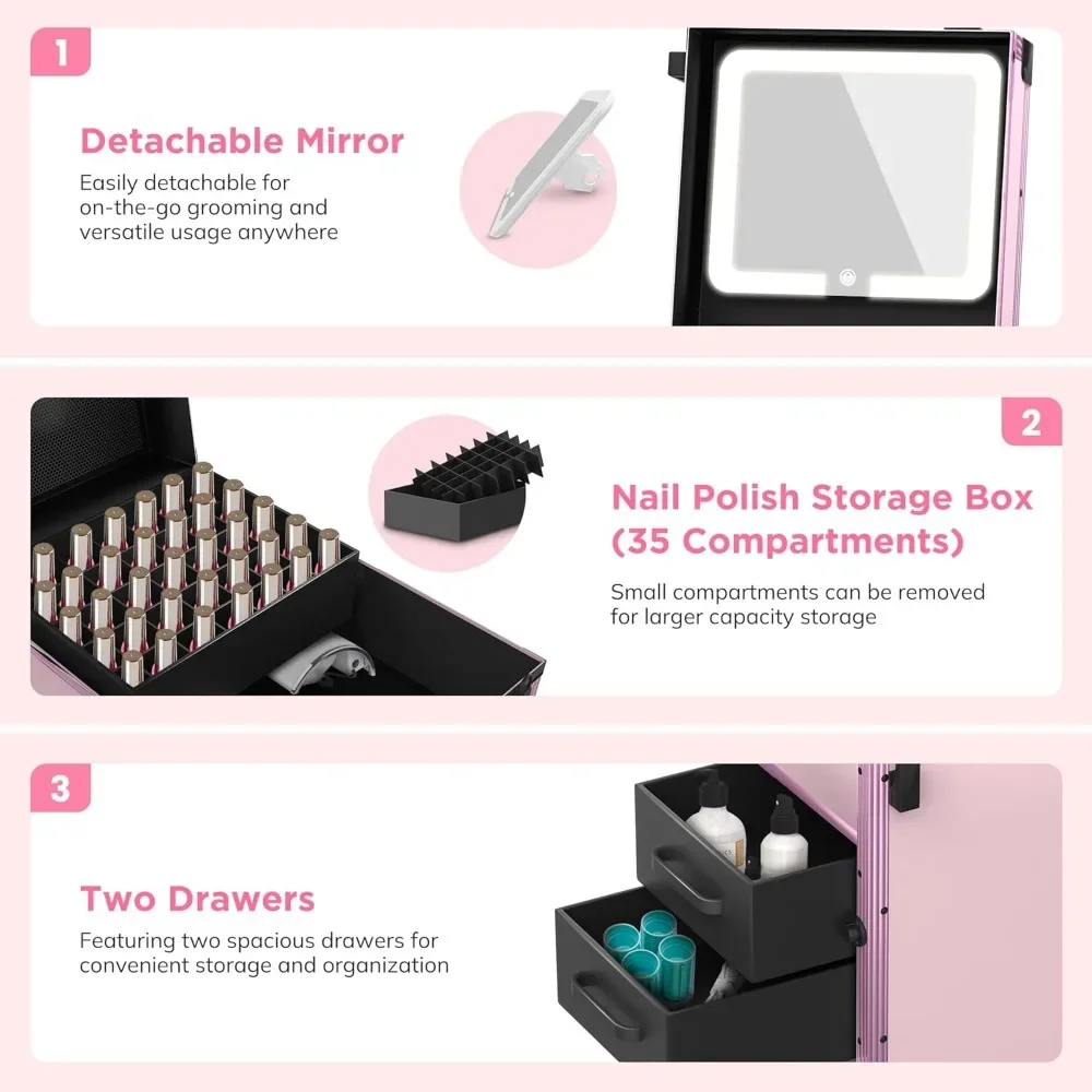 طاولة تعزيز الأظافر المحمولة القابلة للطي مع درجين، مرآة وطلاء أظافر، صندوق قطار مستحضرات التجميل القابل للقفل و #3