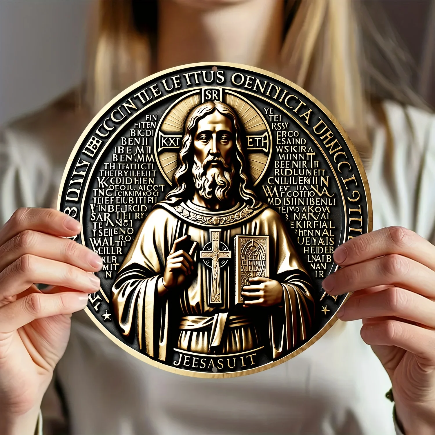 St. Benedict Medal-Inspired Aluminum Metal Wall Art, Sacred Religious Decor for Home, Cafe, Bedroom - 8x8 Inch Indoor/Outdoor