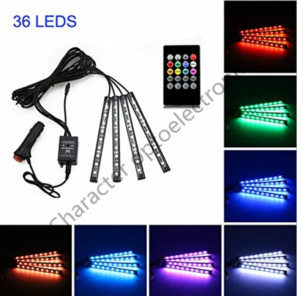 Car LED Strip Light,4pcs 36/48 LED DC 12V Multicolor Music Car Interior Light Function and Wireless Remote Control, Car Charger