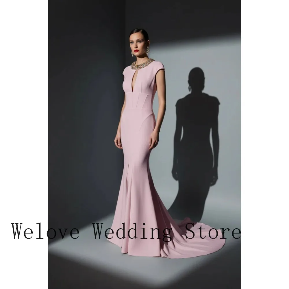 Elegant Blush Pink Mermaid Prom Dress – Cap Sleeve Keyhole Neck Formal Evening Gown with Beaded Neckline for Bridesmaid & Gala