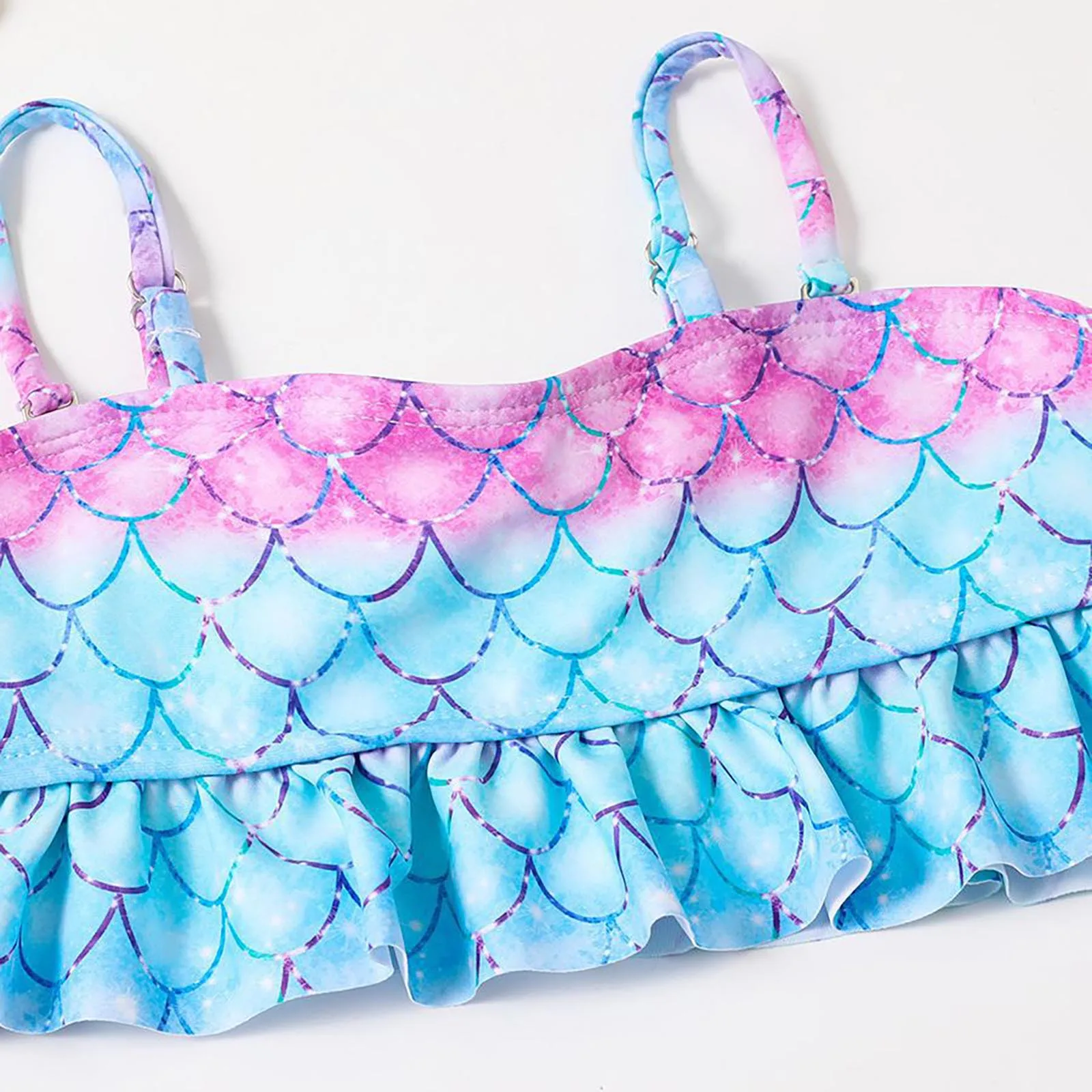 3Pcs Swimsuit Kids Girls Swimwear Sets Fish Scales Print Mermaid Ruffle Swim Briefs and Cover Up Skirt Beachwear Bikini Suits